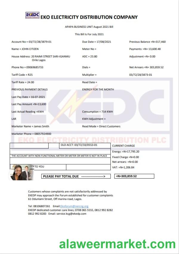 Nigeria Eko Electricity Distribution Company (EKEDC) utility bill template in Word and PDF format
